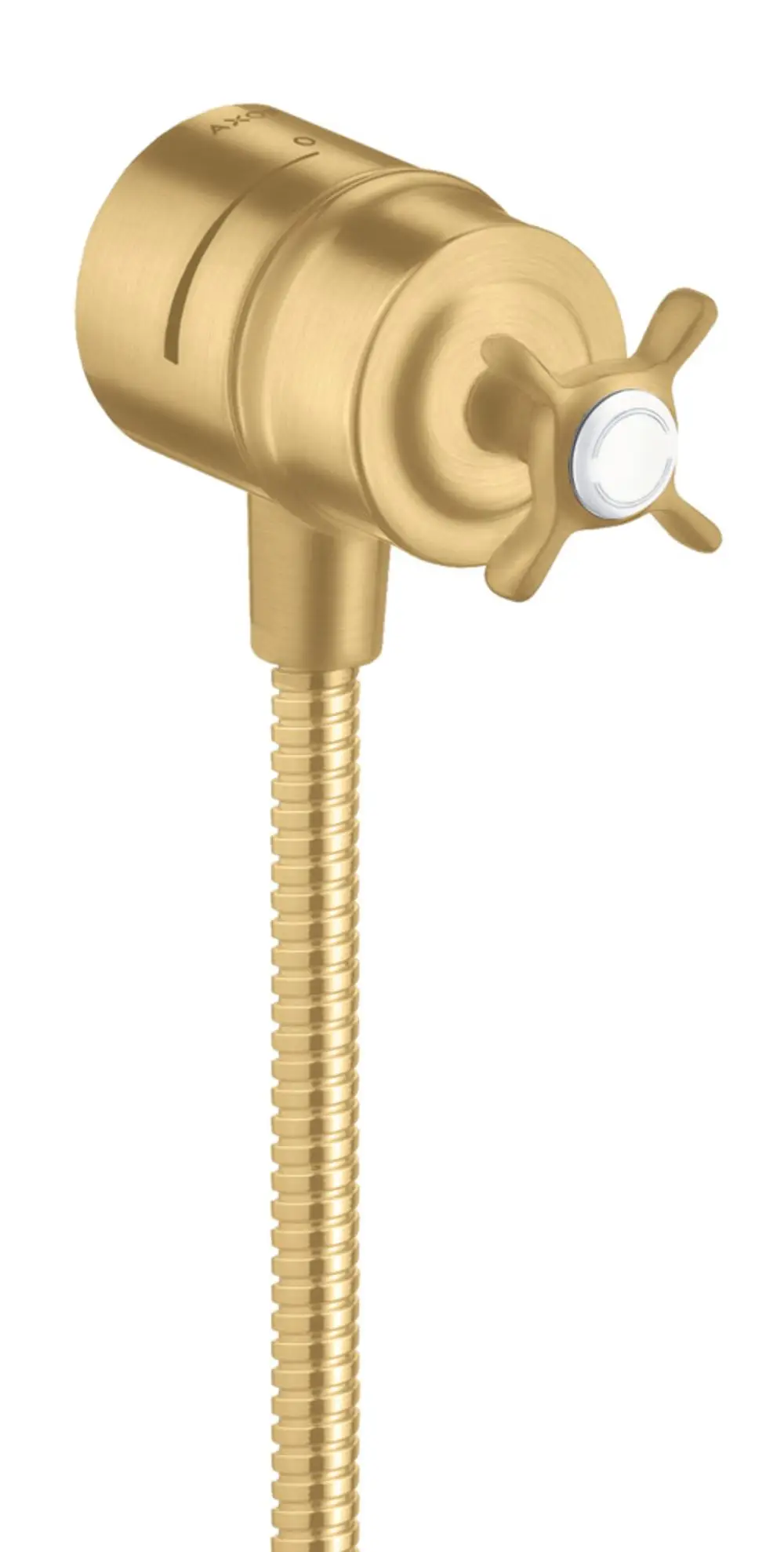 Montierter Wandanschluss mit Kreuzgriff von AXOR, ausgestattet mit Rückflussverhinderer und Absperrventil in gebürsteter Gold-Optik.